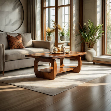 Natural Wood Coffee Table with Sculpted Open Frame Base and Shelf
