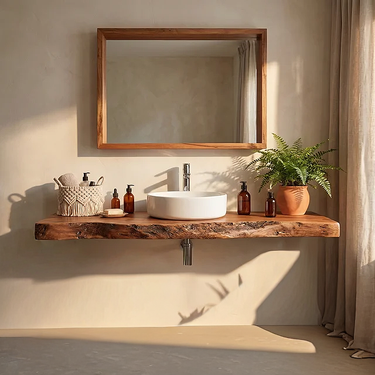 Live Edge Solid Wood Floating Vanity for Minimalist Bathroom Interior