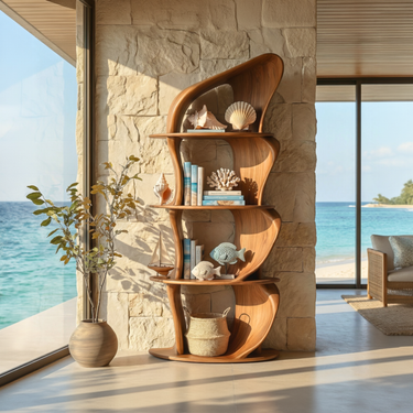 Curved Solid Wood Display Bookshelf With Sculptural Open Shelves