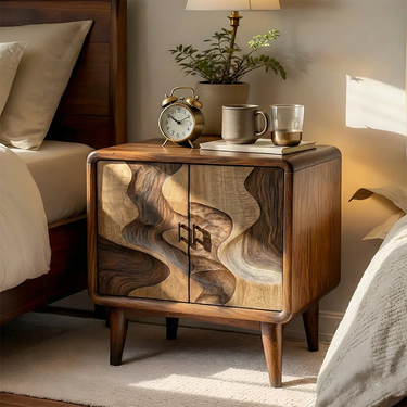 Modern Nightstand With Sculpted Doors and Cabinet Storage in Natural Wood