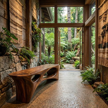 Curved Wood Bench With Open Sculpted Silhouette for Modern Interiors