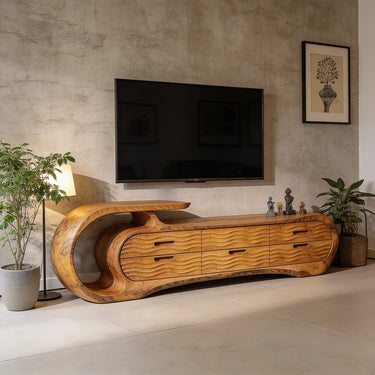 Wave Carved TV Console With Sculptural Curved Frame