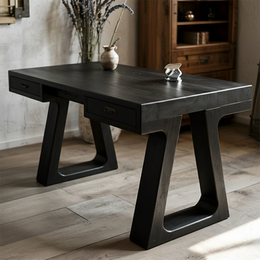 Sculptural Natural Wood Desk with Dual Drawers and Open Frame Base