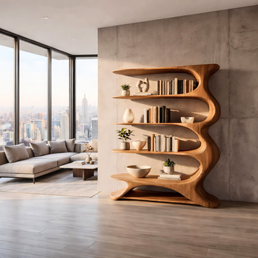 Fluid Curve Solid Wood Bookshelf With Continuous Open Shelving