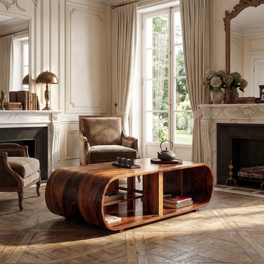 Curved Waterfall Coffee Table with Integrated Open Shelving