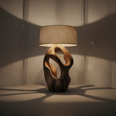 Natural Carved Wood Table Lamp with Organic Open Form