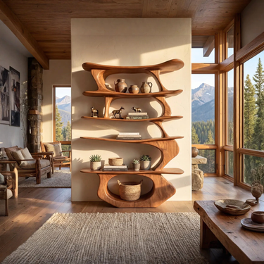Nature-Inspired Solid Wood Bookshelf With Flowing Tiered Shelves