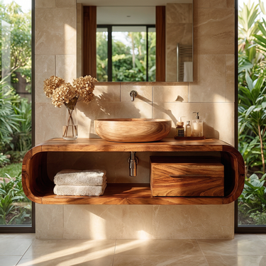 Sculpted Curved Solid Wood Floating Vanity with Drawer for Modern Bathroom
