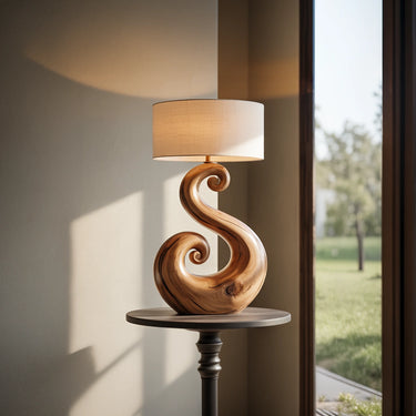 Hand-Carved Spiral Wood Table Lamp for Organic Modern Decor