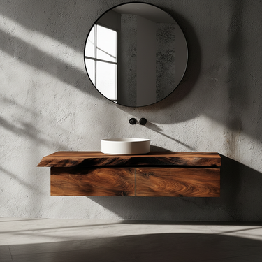 Floating Solid Wood Vanity with Live Edge Slab for Modern Bathroom