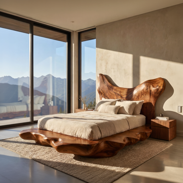 Sculptural Platform Bed With Organic Wood Headboard