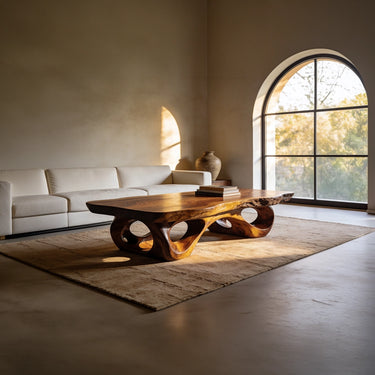 Sculptural Natural Wood Coffee Table with Organic Carved Base