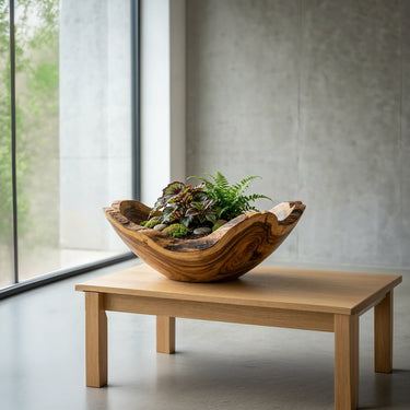 Sculpted Solid Wood Garden Planter Bowl for Outdoor Living Decor