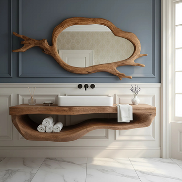 Handcarved Solid Wood Floating Vanity with Organic Curve Shelf Design
