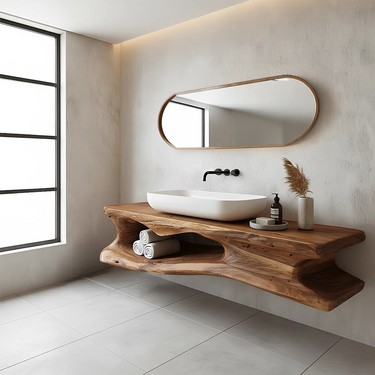 Organic Sculpted Wood Floating Vanity with Hollow Shelf for Modern Bath