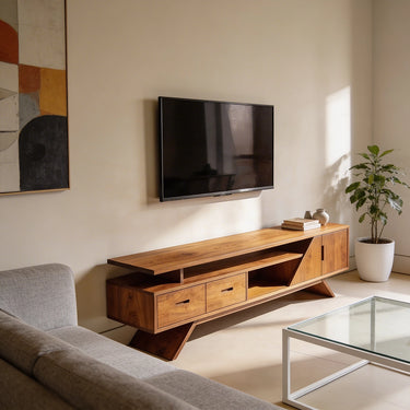 Angular Shelf TV Console With Asymmetrical Storage