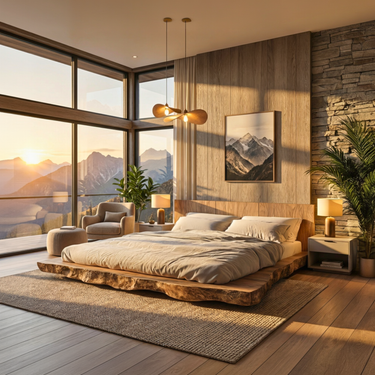 Live Edge Platform Bed With Natural Wood Headboard