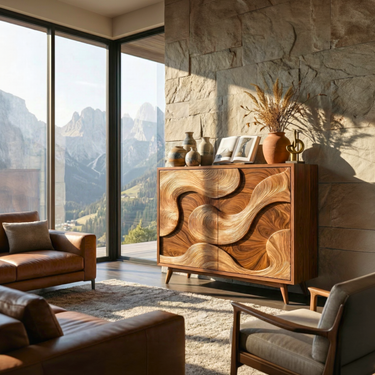 Flowing Wave Relief Wood Cabinet with Double Door Storage