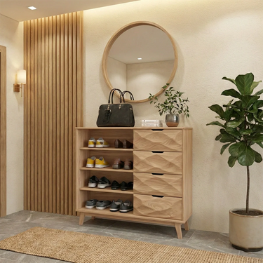 Light Wood Shoe Cabinet With Geometric Drawers for Entryway