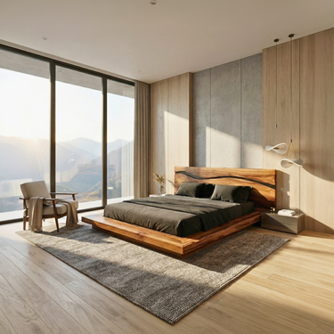Modern Platform Bed With Sculptural Wood Headboard