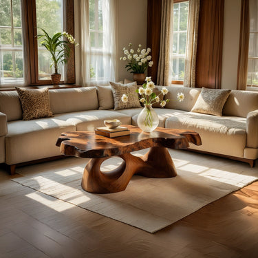 Sculptural Live Edge Natural Wood Coffee Table with Carved Base