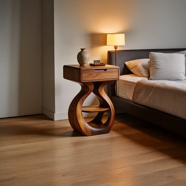Solid Wood Nightstand With Sculptural Curved Base