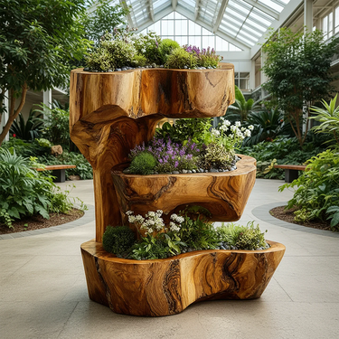 Tiered Solid Wood Planter Stand Hand Carved Garden Display