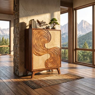 Dual Tone Spiral Relief Wood Cabinet with Double Door Storage