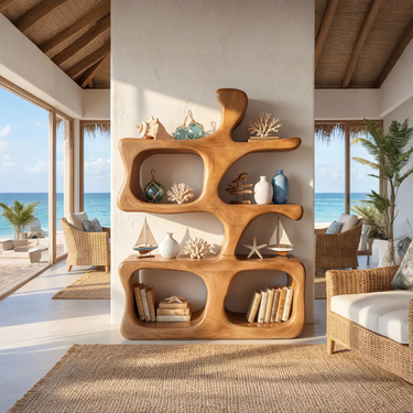 Coastal Solid Wood Bookshelf With Asymmetrical Sculptural Compartments