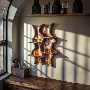 Sculptural Solid Wood Wall-Mounted Wine & Whiskey Display Shelf