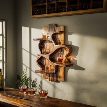 Artisan Solid Wood Wall-Mounted Whiskey Display Shelf with Sculptural Design