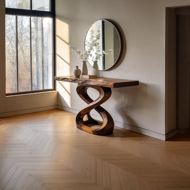 Sculptural Wood Console Table Twisted Base Organic Design
