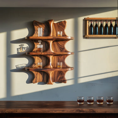 Solid Wood Wall-Mounted Whiskey Shelf with Modern Sculptural Design