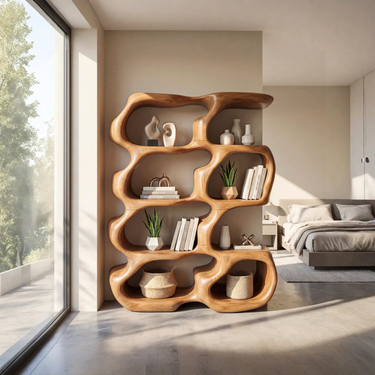 Modern Solid Wood Bookshelf With Soft Contour Sculptural Frame
