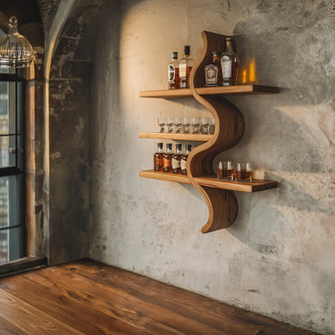 Curved Solid Wood Floating Shelf Modern Whiskey & Glass Display Rack