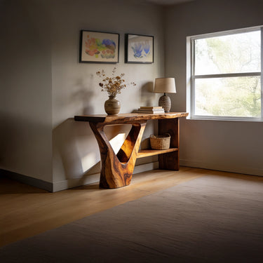 Live Edge Console Table with Sculptural Triangle Base and Open Shelf