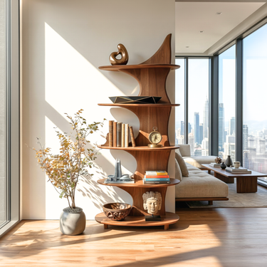 Architectural Solid Wood Bookshelf With Sculpted Vertical Spine