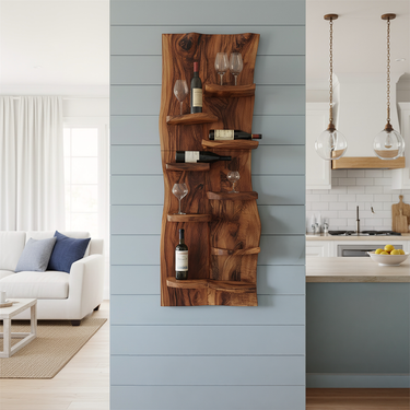 Live Edge Solid Wood Wine Rack Wall Shelf for Modern Rustic Bar Decor