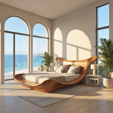Sculptural Platform Bed With Flowing Curved Headboard
