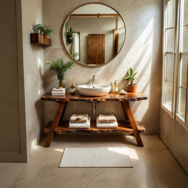 Live Edge Wood Bathroom Vanity with Shelf Rustic Spa-Style Sink Console