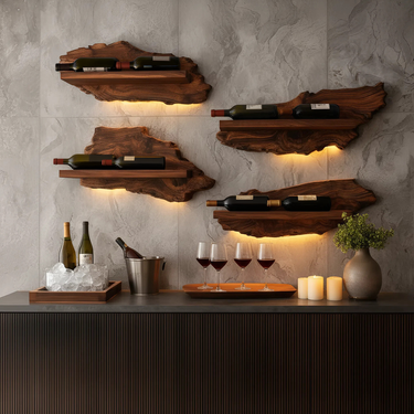 Live Edge Solid Wood Wall-Mounted Wine Rack, Perfect for Modern Bars