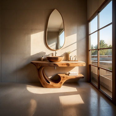 Organic Solid Wood Bathroom Vanity with Carved Flowing Form