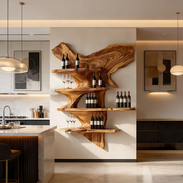 Luxury Live Edge Solid Wood Wine Rack Wall Shelf for Elegant Bar Decor