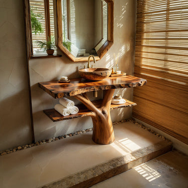 Live Edge Solid Wood Vanity with Integrated Shelves for Spa Bathroom