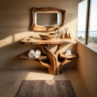 Tree-Inspired Solid Wood Vanity with Sculptural Shelving Base
