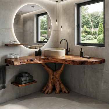 Live Edge Solid Wood Vanity with Tree Root Base for Rustic Bathroom