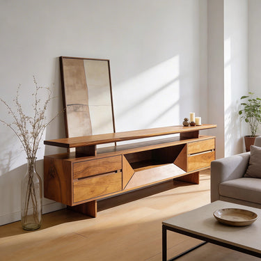 Elevated Shelf TV Console With Geometric Open Center