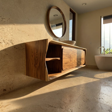 Floating Solid Wood Vanity with Rounded Edge Design and Storage