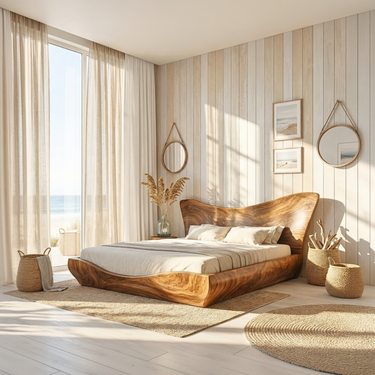 Organic Platform Bed With Sculptural Wood Headboard