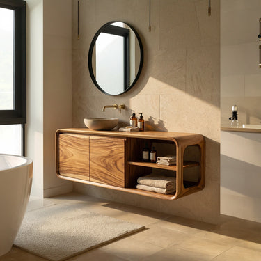 Organic Modern Solid Wood Floating Vanity with Curved Frame Storage